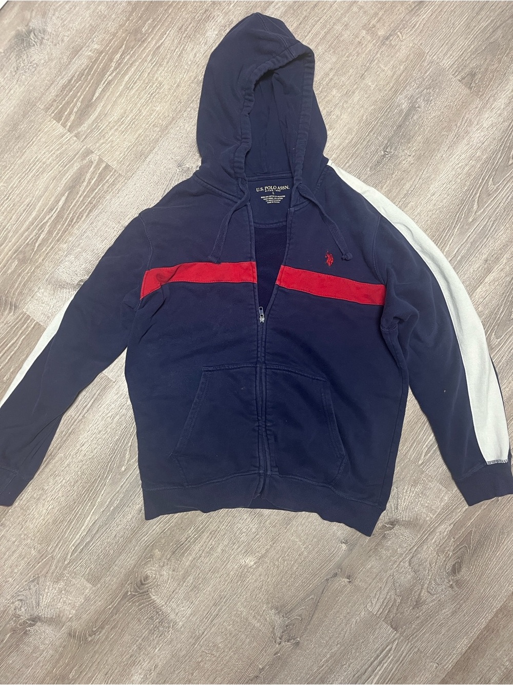 U.S. Polo Assn. Navy Hoodie with Red Stripe and White Sleeve Panel